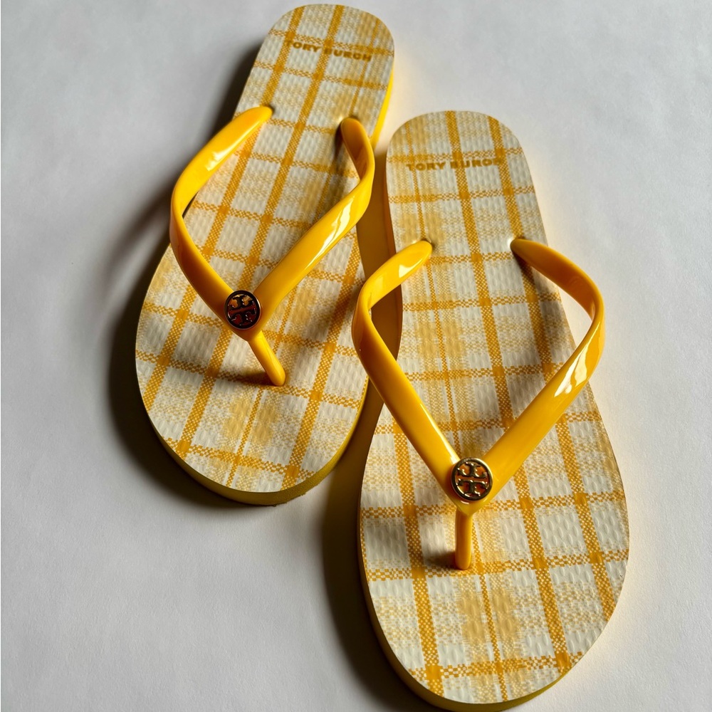 NWOT Tory Burch Yellow Plaid Flip Flops